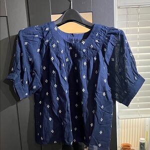 J. Crew Dark Blue Blouse with White Embroidery